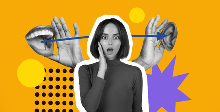 Collage Showing a Woman With Shocked Expression Surrounded by Hands, Mouth, and Ear Elements