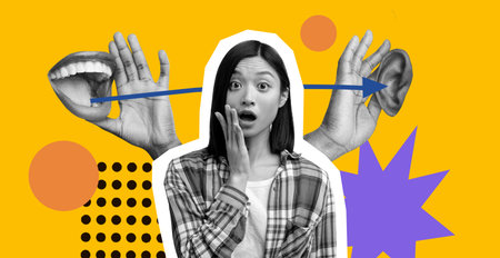 Collage Featuring a Woman Shocked by Hands, Mouth, and Ear on an Orange Background in a Busy Designの写真素材