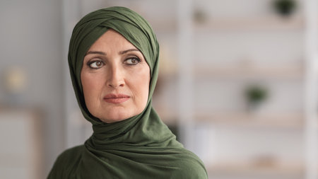 Headshot Of Mature Muslim Female Wearing Hijab Looking Aside Indoorsの写真素材