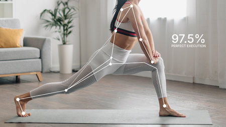 Young Woman Practicing Yoga in Living Room With Form Analysis Display During Exercise Sessionの写真素材