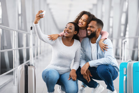 Black family traveling, taking selfie on cellphone in airportの写真素材