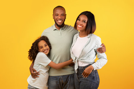 Family portrait. Happy african american parents and cute daughter embracing and posing over yellow backgroundの写真素材
