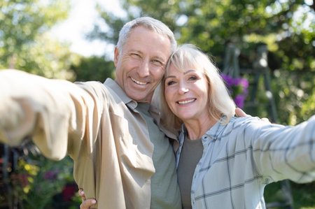 Happy senior spouses making selfie, hugging, smiling to camera, spending time together in their garden outdoorsの写真素材