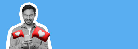 Man Smiles While Using Smartphone With Heart Icons in a Collage Style Background