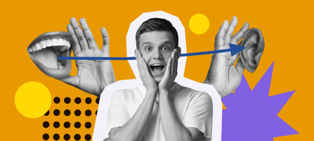 This Collage Features a Person With an Expressive Face Placed Among Hands and Mouthsの写真素材