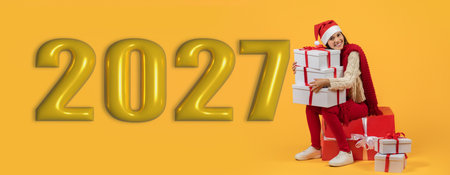 The Scene Shows a Person Wearing a Winter Outfit Holding Wrapped Gifts While Sitting on a Boxの写真素材