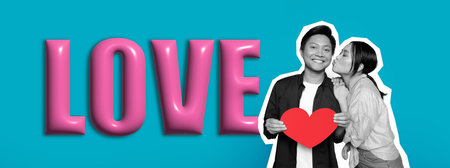 Couple Shares a Moment of Joy With a Heart Symbol in a Colorful Collage Settingの写真素材