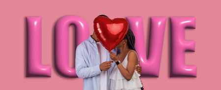 Couple Sharing a Moment With Heart-Shaped Balloon in a Colorful Setting During a Romantic Occasionの写真素材