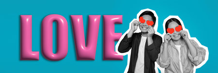 Collage of Two People Holding Heart Stickers With a Bright Background in a Creative Settingの写真素材