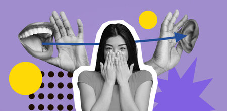 Collage of Hands, Face, and Ears With Bright Colors Showing Communication and Listening Activitiesの写真素材