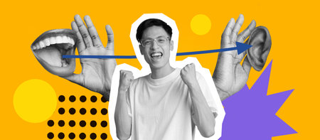 Creative Collage Showing Communication and Expression Through Hands and Facesの写真素材