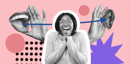 Collage of Hands, Mouth, and Ear With a Person Showing Excitement in a Creative Setの写真素材