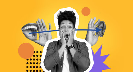 Collage Showing a Person With Surprised Expression and Abstract Shapes in Bright Colorsの写真素材