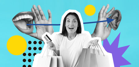 Collage Showing Excitement and Communication in Shopping Experience With Hands and Expressions