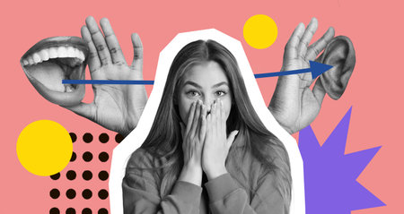 Collage of Hands, Mouth, and Ear Expressing Different Actions and Emotions in a Unique Set Designの写真素材