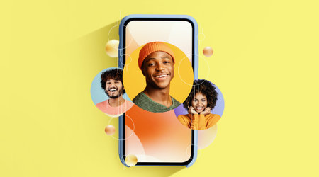 Collage Shows People Using Smartphone for Communication With Bright Background and Smilesの写真素材