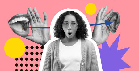 Collection of Hands and Woman With Expressions in a Colorful Collage About Communication and Voiceの写真素材