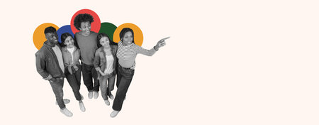 Group of Friends Standing Together and Enjoying a Fun Moment With Colorful Backgroundの写真素材