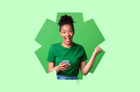 Excitement Shown by a Woman With a Phone in Hand on a Green Background