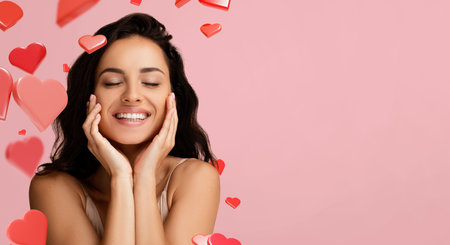 Joyful Woman Cradles Her Face While Smiling and Enjoying a Happy Moment in a Simple Settingの写真素材