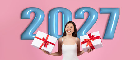 Celebration of the New Year With Gifts and Joy in a Colorful Settingの写真素材