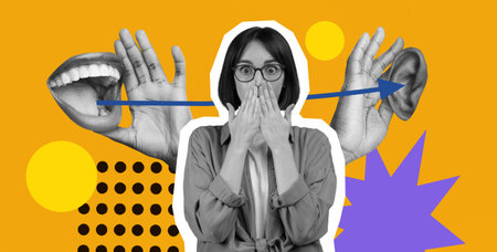 Collage Showing Communication Concepts With Mouth, Hands, and Ears in a Colorful Designの写真素材