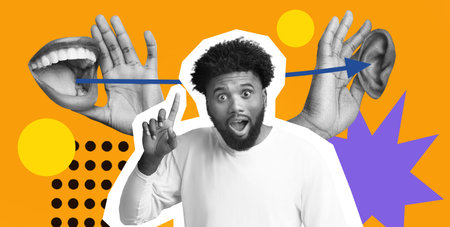 Creative Set of Collage Art Featuring Shapes, Hands, and Expressions on a Bright Background