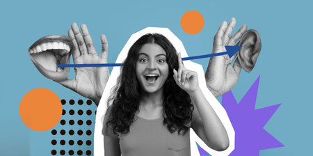 Collage Showing a Woman Interacting With Hands and Ears in a Playful Design