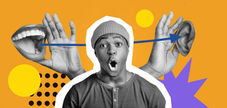 Collage Showing Expressions of Communication in a Vibrant Collection of Shapes and Colorsの写真素材