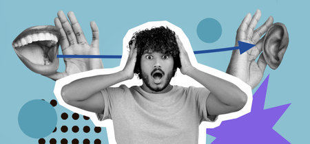 A Collection of Visual Elements Features a Person With Curly Hair Covering Their Earsの写真素材