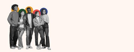 Group of Five People Posing Together in a Fun Collage Style With Colorful Circlesの写真素材