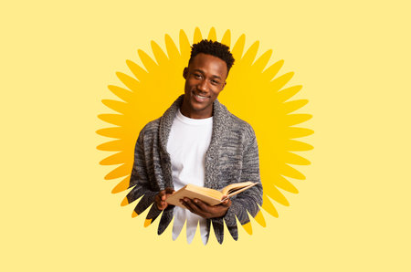 Young Person Reads a Book in a Sunny, Bright Setting With a Cheerful Expressionの写真素材