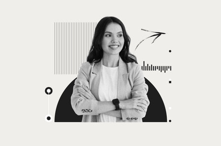 Collage of a Smiling Woman With Crossed Arms in Black and White Design Elementsの写真素材