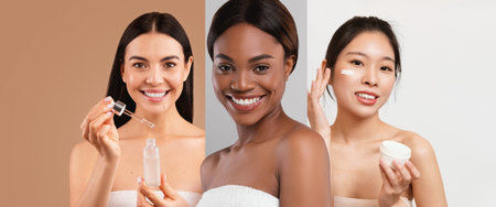 Collage of Women Engaging in Beauty Rituals With Skin Care Productsの写真素材