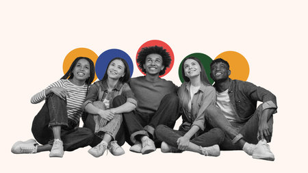Friends Gather for a Fun Collage Session in a Bright Setting With Colorful Circles in the Background