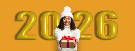 Collage of Woman Celebrating 2026 With Gift and Festive Decorations During Holiday Seasonの写真素材