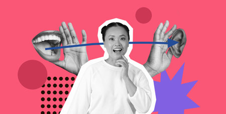 Artistic Collage Showing Communication and Expression Through Hands and Facial Featuresの写真素材