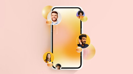Collage Showing Smartphone With Faces Representing Digital Communication Among People