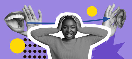 Collage of Expressions Showing Communication and Emotions in a Creative Mosaic Styleの写真素材