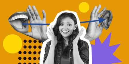 Collage Showing Hands, Mouth, Ear, and a Woman Expressing Surprise in a Vibrant Settingの写真素材