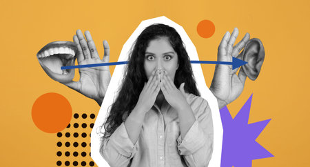 A Collage Shows a Woman Covering Her Mouth With Her Hands While Looking Surprisedの写真素材