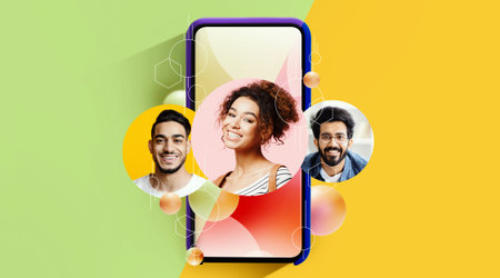 Collage Showing Smartphone Communication With Multiple People and Colorful Background Elements
