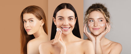 Collage of Women Performing Beauty Rituals With Skin Care Products at Home in the Afternoon