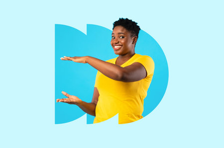 Collage Showing a Person in a Bright Shirt Gesturing With Hands Against a Blue Backgroundの写真素材