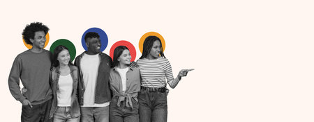 Group of Friends Posing Together in a Collage With Colorful Circles in the Background
