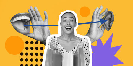 Unique Collage Showcasing Communication Through Hands and a Smiling Woman With Shopping Bagsの写真素材