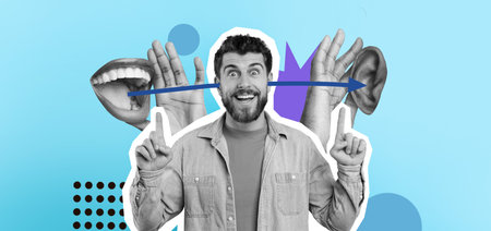 Collage Showing a Man With Hands and Ears Expressing Excitement and Interaction in a Creative Setの写真素材