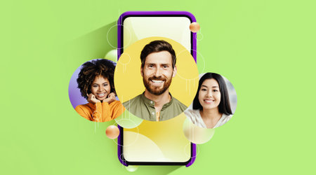 Collage Shows Smartphone Displaying Smiling Faces With Bright Background and Simple Design