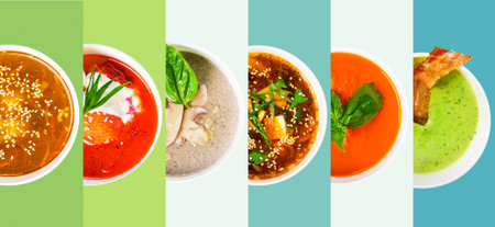 Colorful Array of Soup Bowls on a Bright Table With Vibrant Backgroundsの写真素材