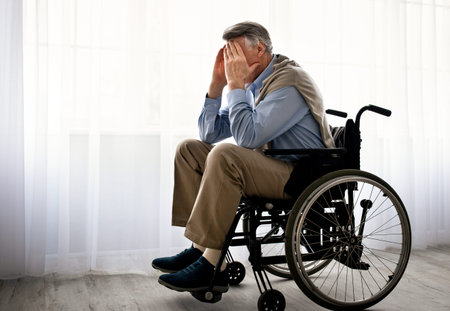 Man Using a Wheelchair Sitting Indoors With Hands on His Face While Looking Thoughtfulの写真素材